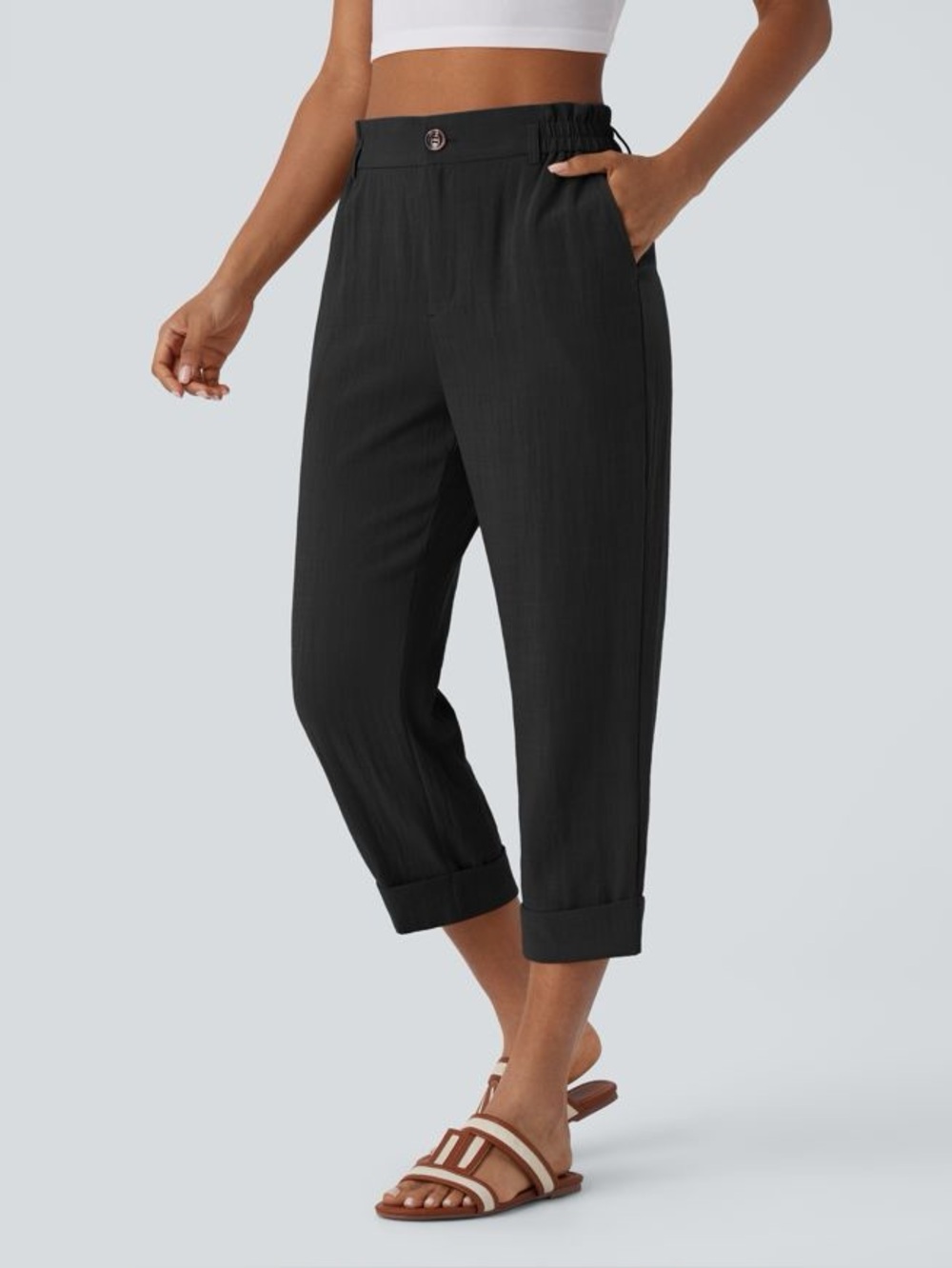 Halara High Waisted Cropped Linen-Feel Pants Black Size Small